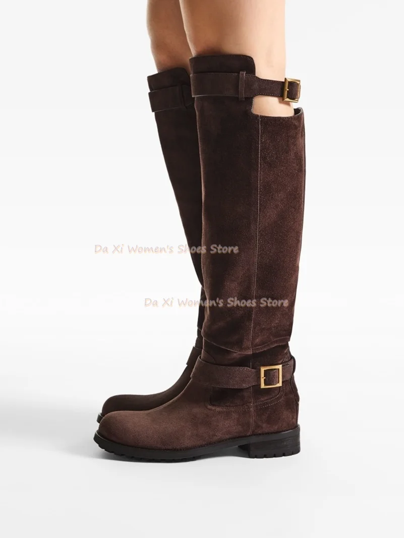 Dark Brown Paired With Gold Belt Buckle Strappy Detailing Knee-High Boots Round-Toe Low Heel Cut-Out Design Knight Tall Boots