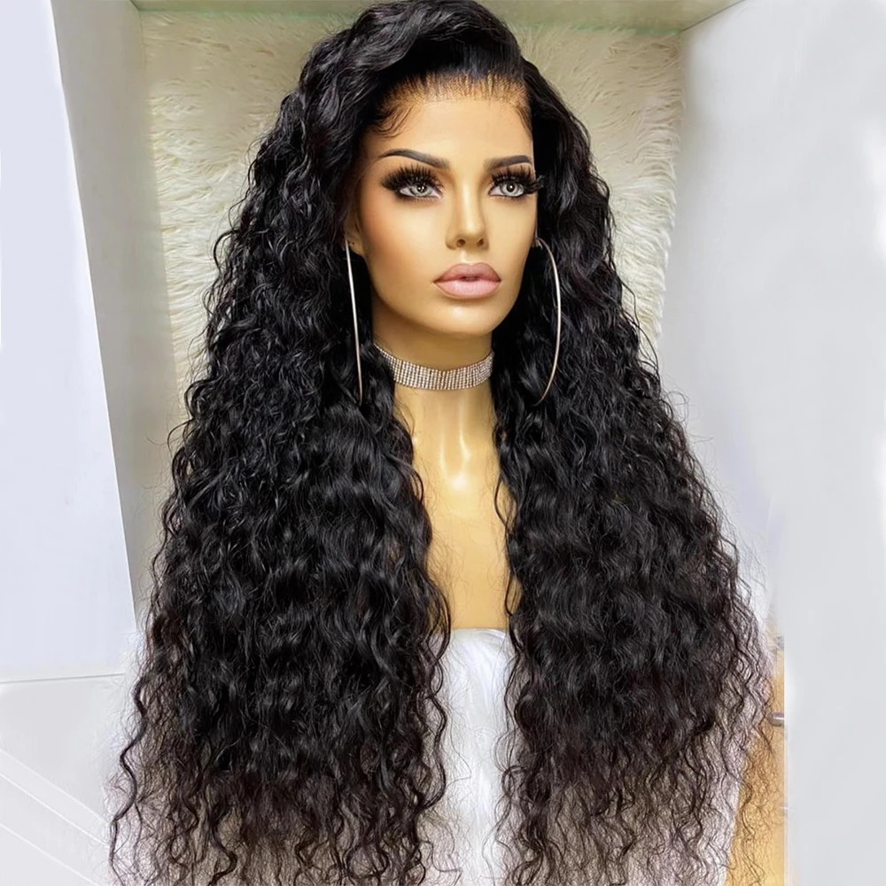 

Deep Part 180Density 26 inch Long Kinky Curly Lace Front Wig For Women BabyHair Soft Natural Black Preplucked Glueless Daily