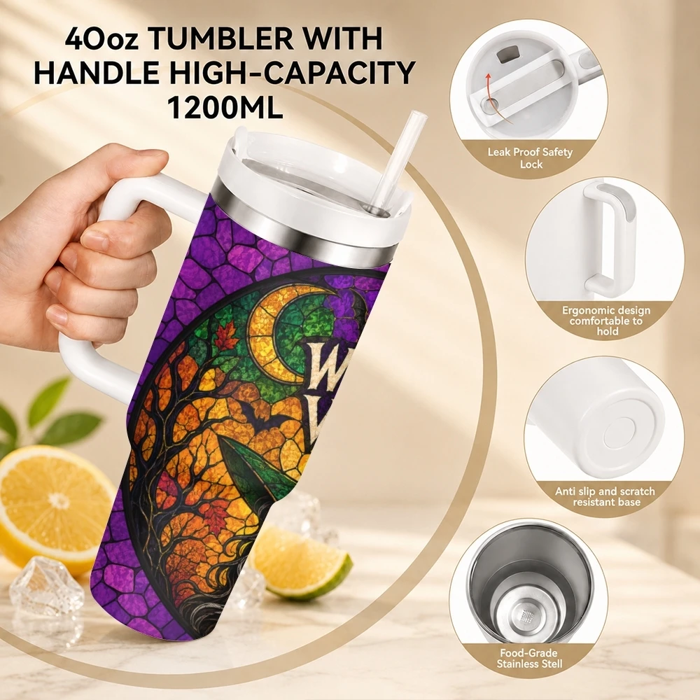 Witch Design Vacuum Flasks 40oz Stainless Steel Travel Tumbler with Handle Straw Lid Double Wall Vacuum Insulated