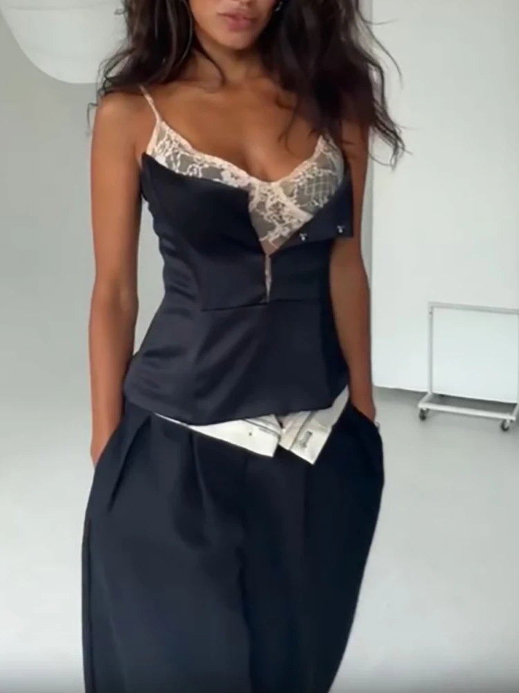 2026 Vintage Satin-Spitzenbesatz-Korsett-Oberteile für Damen, sexy V-Ausschnitt, Spaghettiträger, ärmellos, Y2k Club Street Daily Night-Out Wear – Detail 9