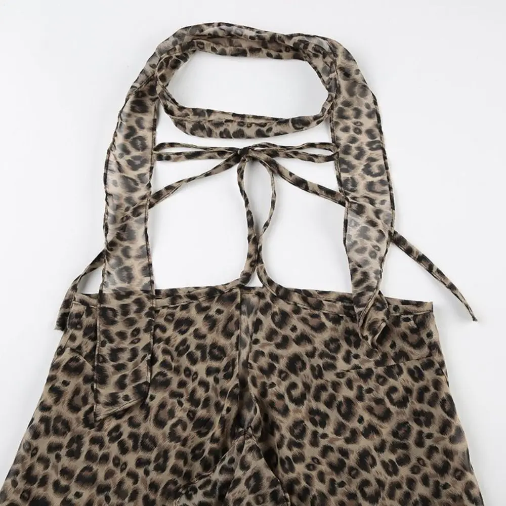

Fashion Ruffled Edge Leopard Halter Camisole Lace-up Thin Sleeveless Camisole Slim Fit Irregular Y2k Crop Tops Women Streetwear