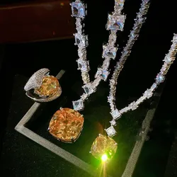 Women Brilliant yellow crystal gemstone necklace plated with 18K gold love drop zircon full diamond earrings