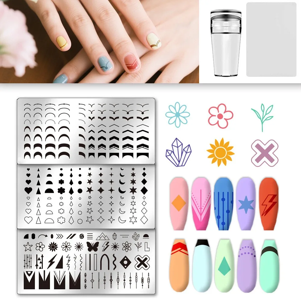 3Pcs Nail Stamp Plates Set French Nail Stamping Plate French Line Lace Flower Heart Design Image Nail Stencils Nail Art DIY