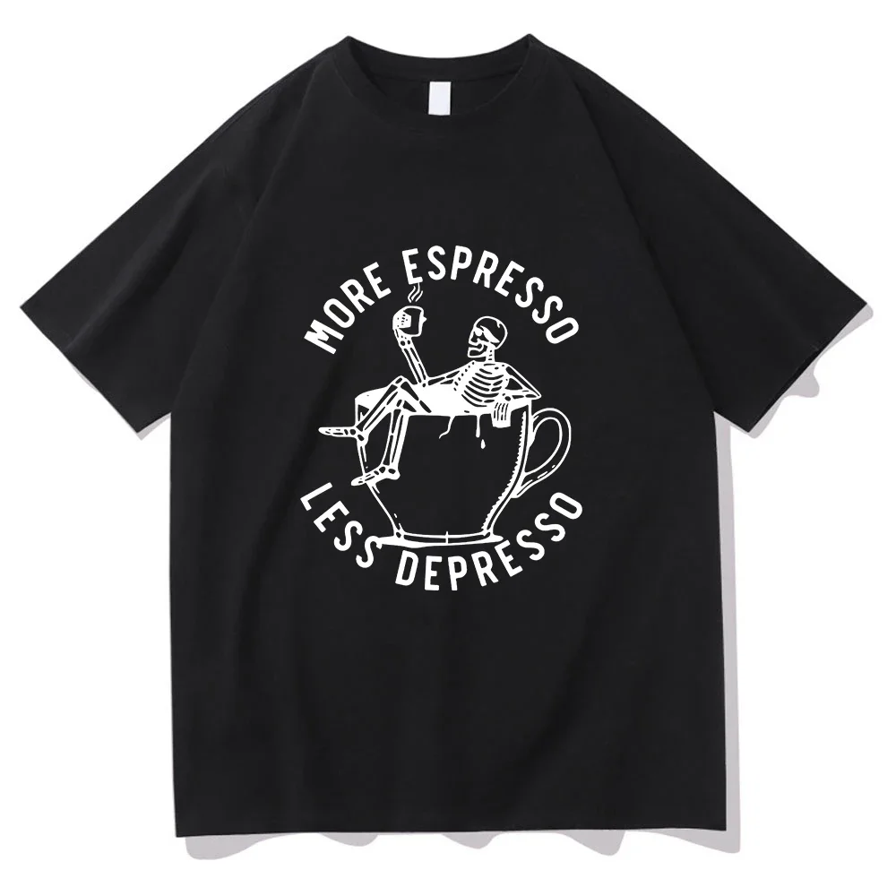 

Summer men's more espresso less Depresso skeleton drinking coffee pattern print horror style 100% cotton short-sleeved T-shirt