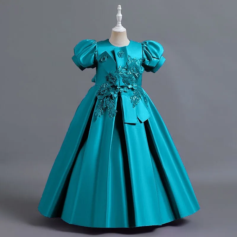 New Girls\' Satin Handmade Beaded Puffy Princess Bubble Sleeve Piano Host Birthday Performance Party Birthday Dress