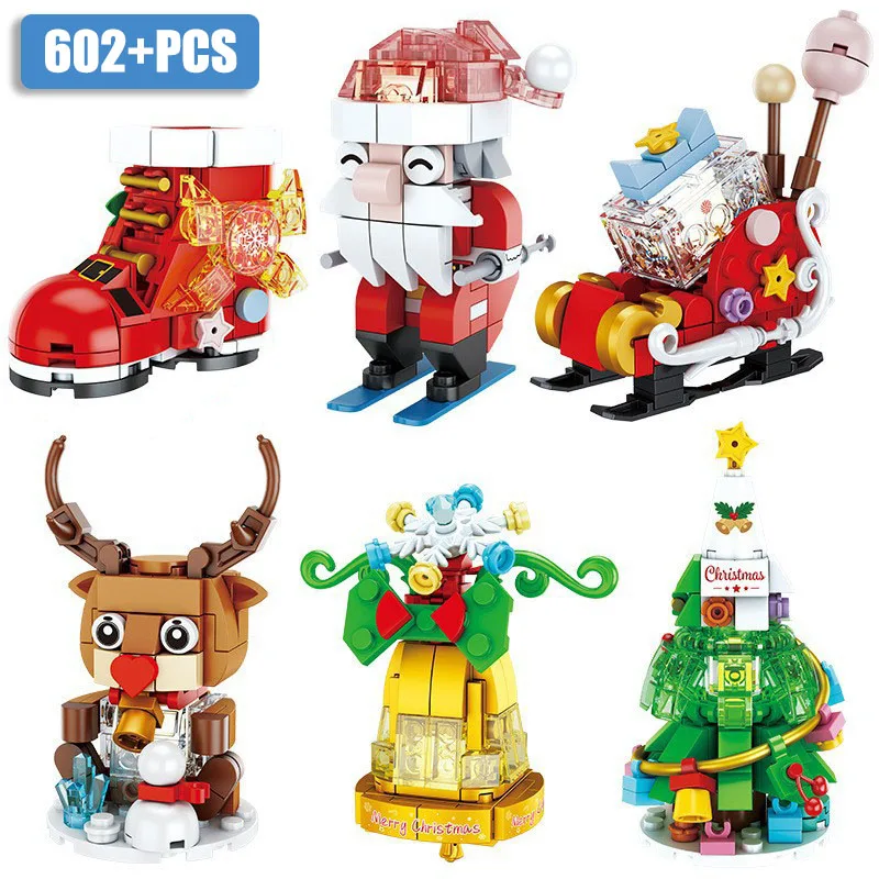 

City MOC Christmas Tree Santa Claus Figures With LED Lights Building Blocks DIY Christmas Elk Sleigh Bricks Toys For Kids Gifts