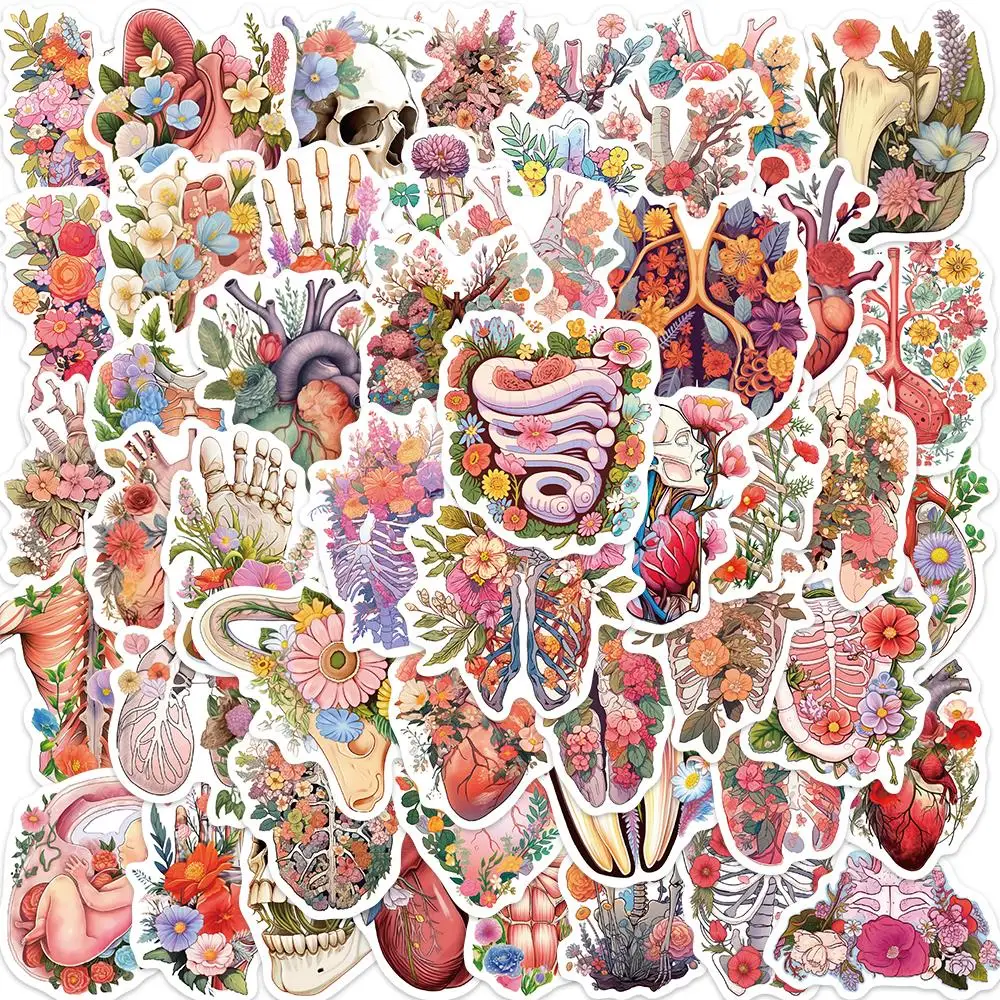 50pcs Human Anatomy With Flowers Stickers Body Part Stickers Luggage Skateboard Laptop  Guitar Sticker Decals Toys