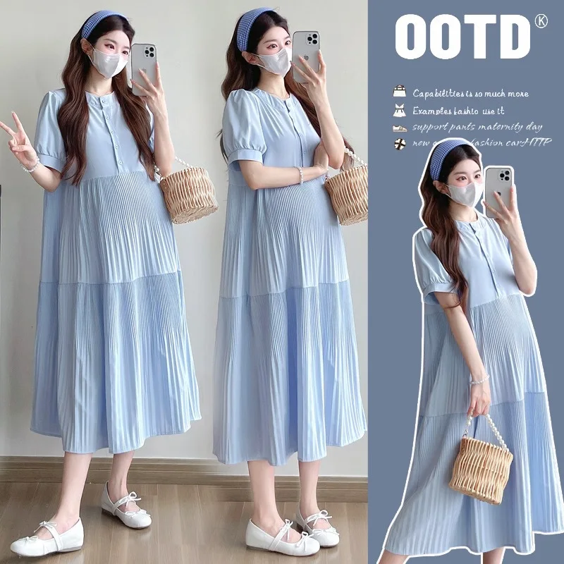2026 New Autumn Maternity Midi Dress Loose Slim Flattering Pleated Versatile Elegant Mid Length Pregnancy Dress Pregnant Women