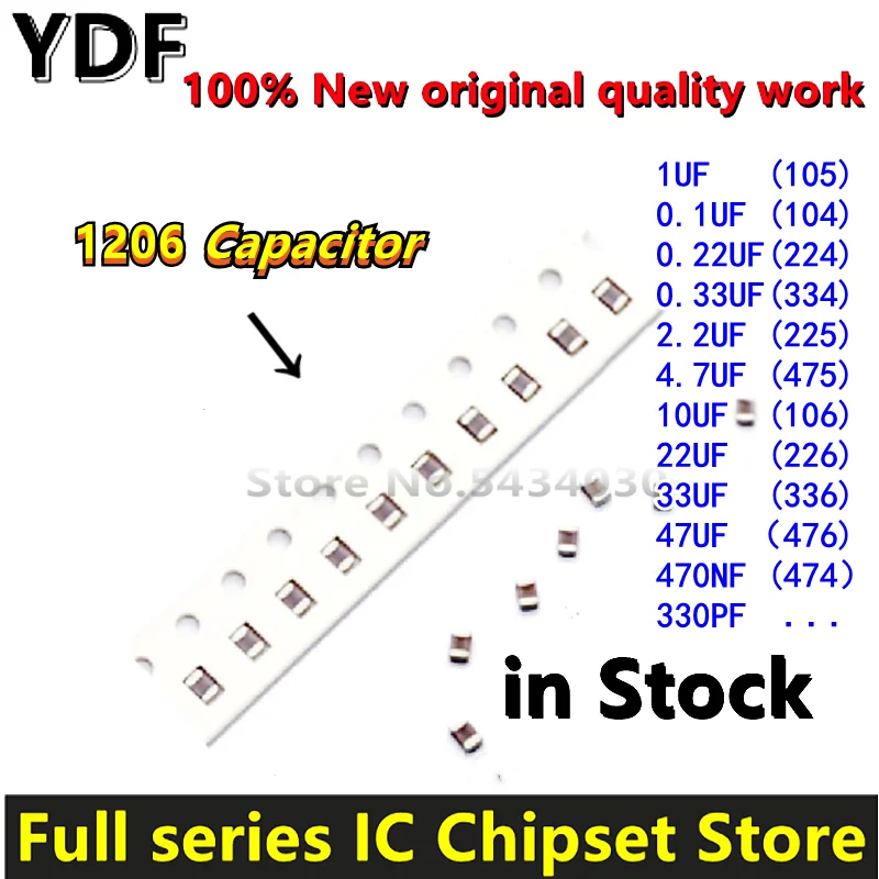 (20 шт.) 100% новый 1206 1% Емкость 1 мкФ 0,1 мкФ 0,22 мкФ 0,33 мкФ 2,2 мкФ 4,7 мкФ 10 мкФ 22 мкФ 33 мкФ 47 мкФ 470NF 330PF 12PF...SMD K/M/Z X7R