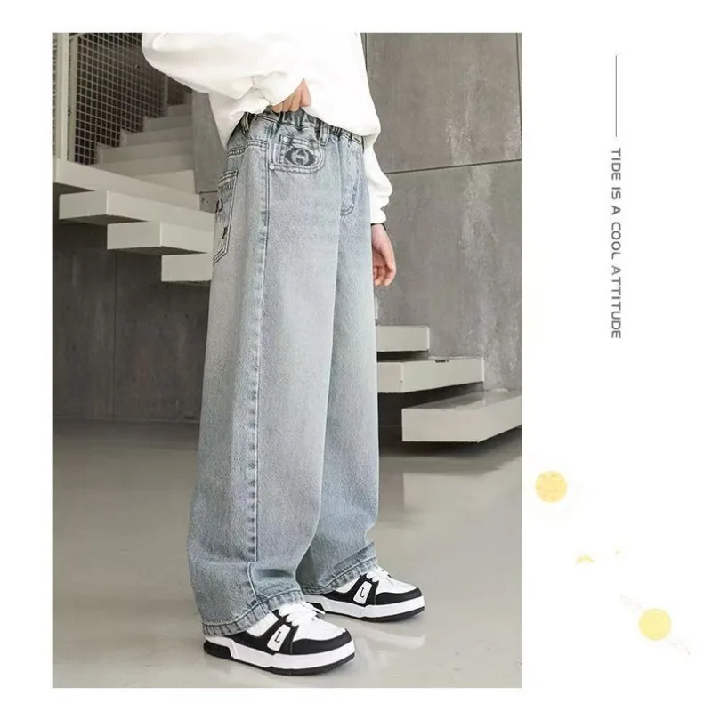 Herbst Kinder Jeans UNITIM 4-14 Jahre Jungen Denim-Hosen mit Schriftzetteltasche Lose Elastische Taille Junior Jungen Gerade Hosen Teenager Jungen Hose – Detail 9