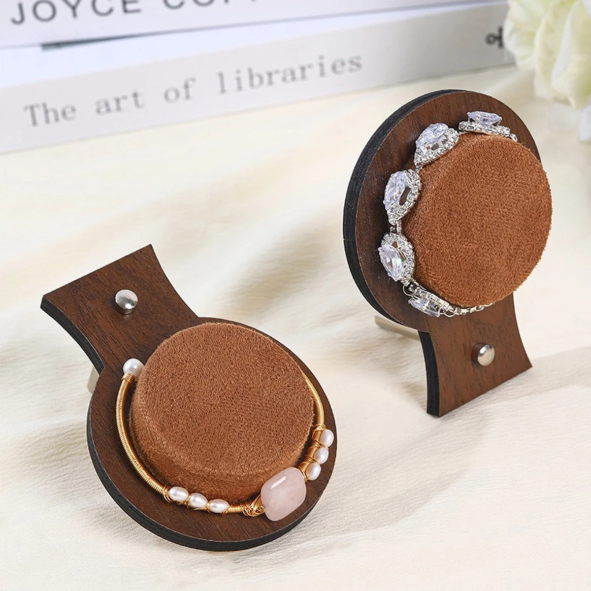 Wooden Bracelet Display Stand with Velvet Pad - Stable Metal Base Jewelry Holder for Bracelets & Bangles