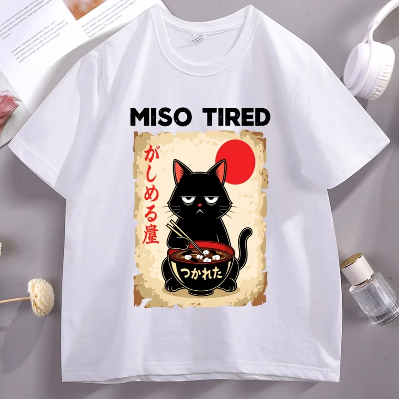 Camiseta Miso Tired Cat Ramen Bowl, Camiseta Kawaii con Diseño de Comida Japonesa para Gatos, Camiseta Divertida de Algodón de Manga Corta para Hombre y Mujer