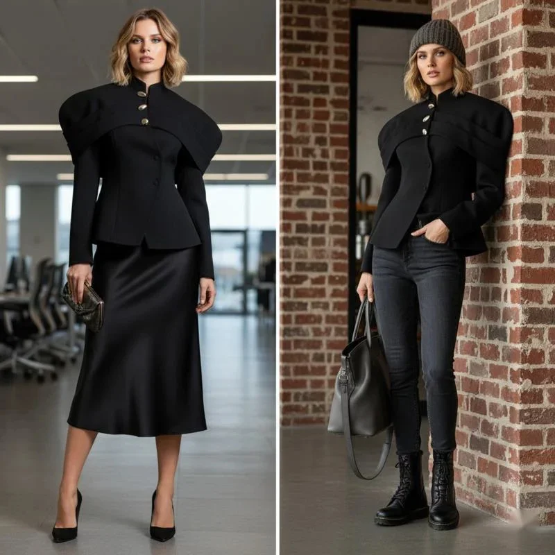 

Women's Black Blazer Elegant Tailored Fit Gold Buttons Patchwork Design Vintage Style Jacket For Office Party Daily Autumn Wear