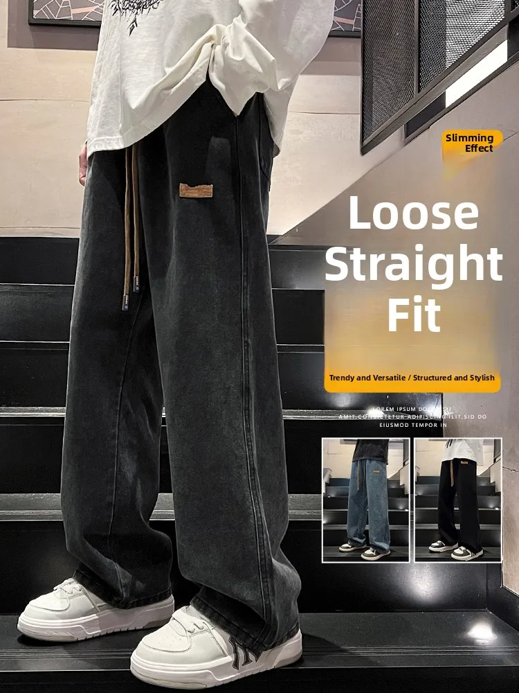 

Loose Casual Men's Jeans mid Waist Denim Pants Straight Leg Summer Vintage Wide Leg Autumn Wear Resistant Teenagers Fashion