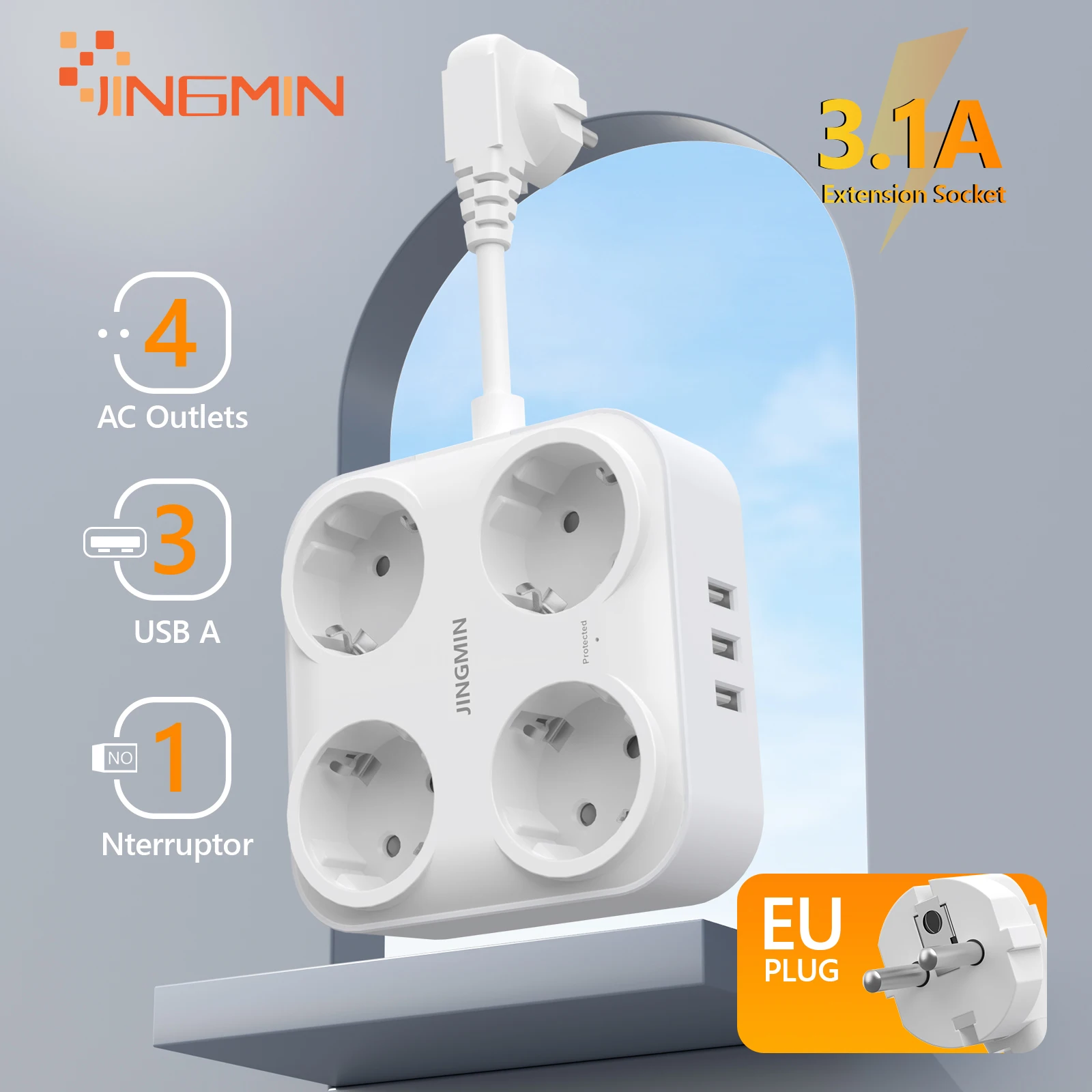 JINGMIN FR to EU 0.5mm Plug Power Strip with 3 USB French Outlets Multi Socket Power Adapter with Overload Protection