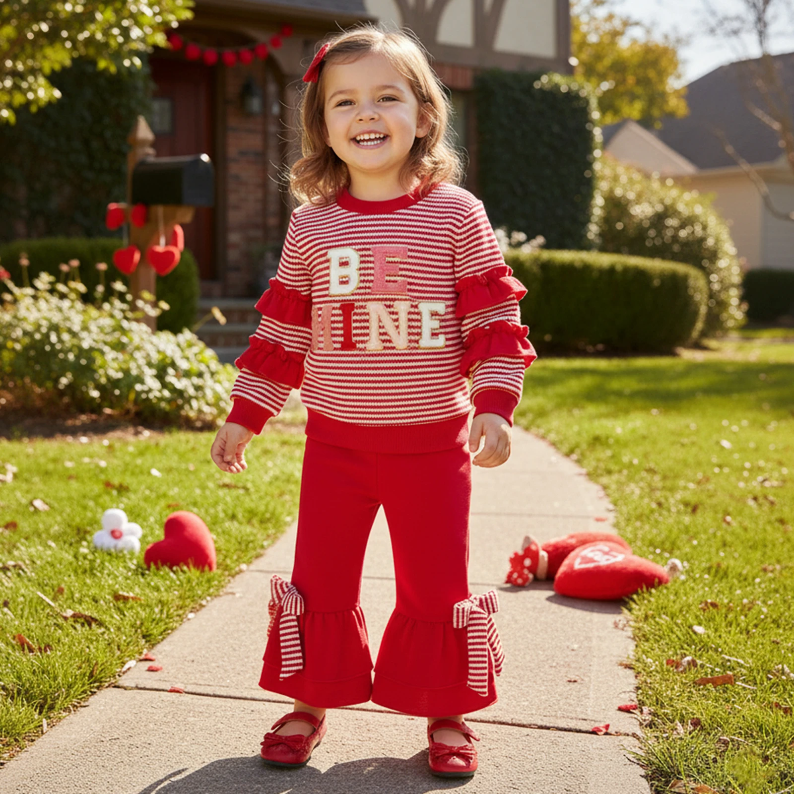 1-5Y Kids Valentine's Day 2 Piece Outfits Letter Embroidery Long Sleeve Crew Neck Sweatshirt Tops Elastic Waist Flared Pants Set