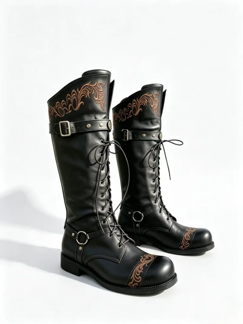Botas hasta la rodilla para mujer, botas de otoño e invierno con cordones y bordados, zapatos sexys de PU con hebilla retro, botas de nieve para motocicleta para mujer, tallas grandes 38-50