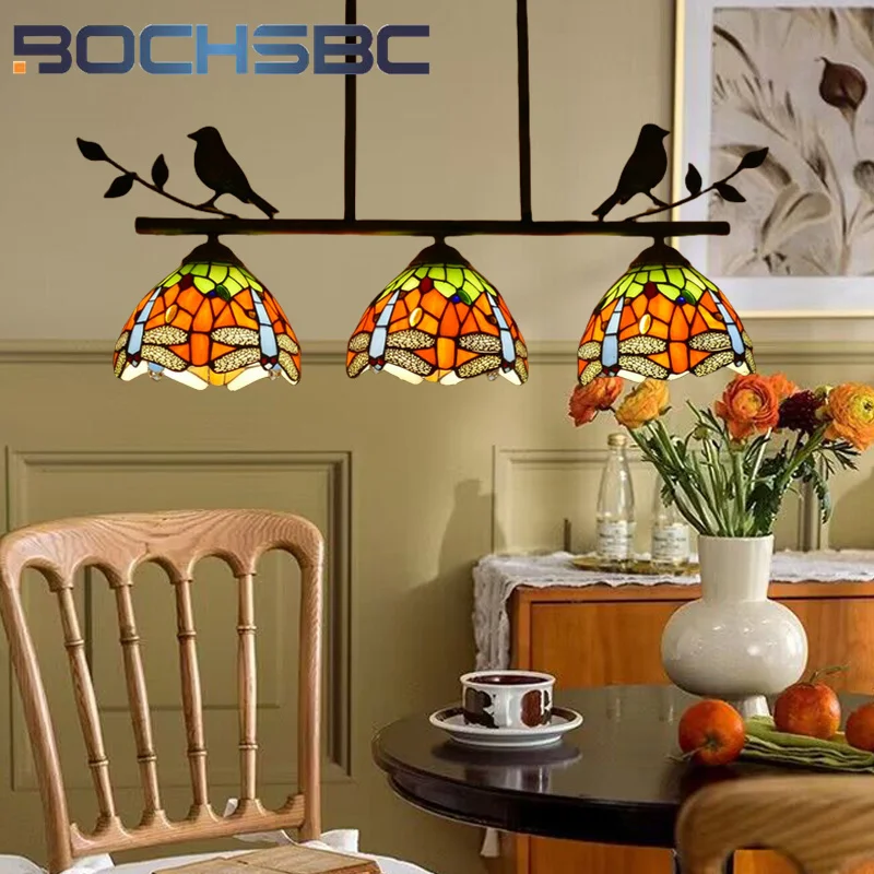 BOCHSBC Tiffany style stained glass vintage Pendant lamp chandelier for living room hanging LED lamp balcony corridor decor lamp