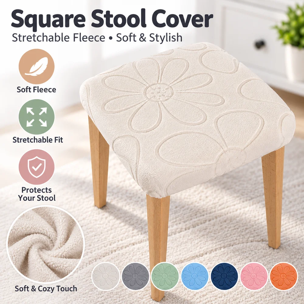Soft Fleece Square Stool Cover Elastic Stretchable Fabric Bar Stool Slipcover Texture Floral Pattern Seat Cover Home Furniture