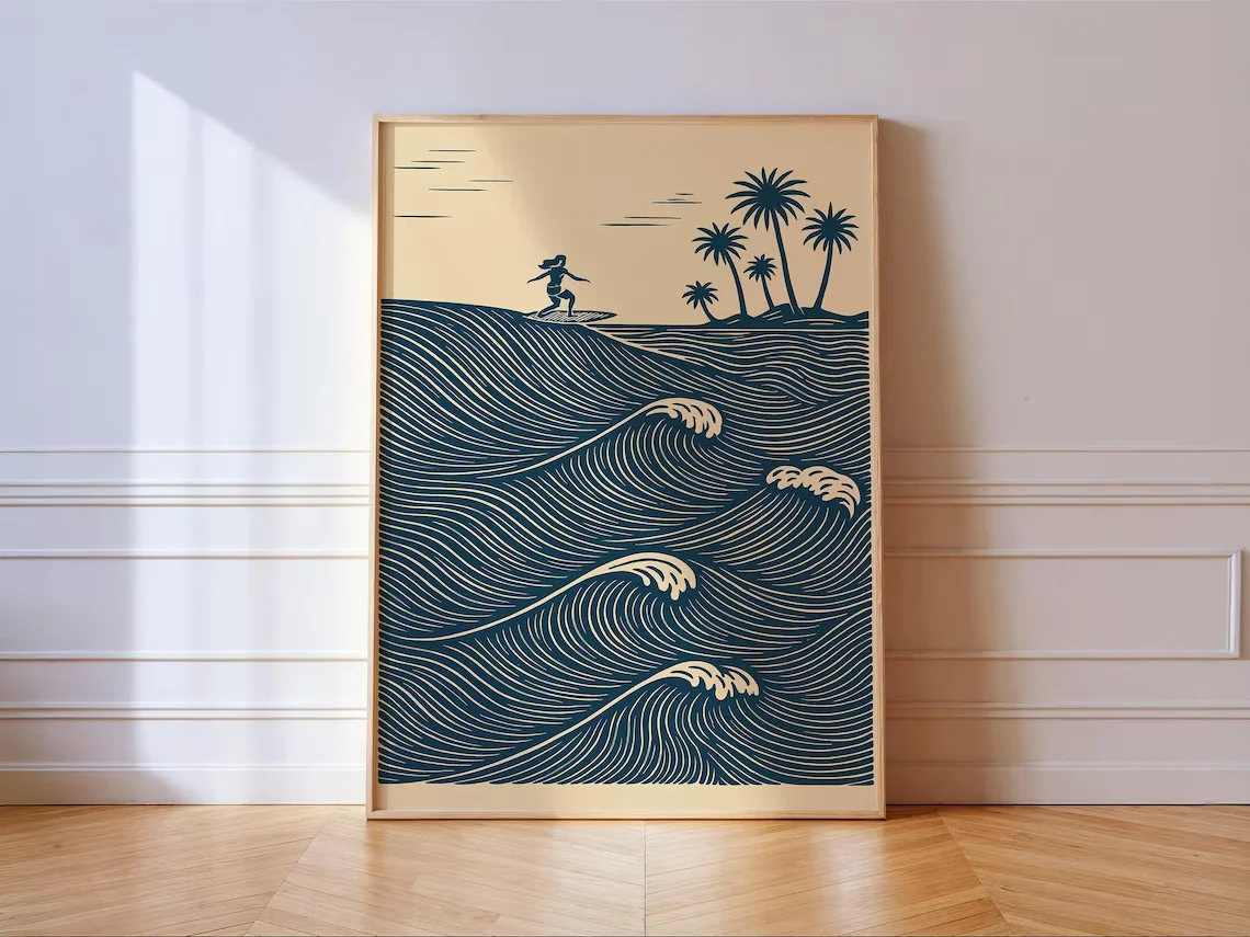 Tropical Surfer Waves Poster | Navy Linocut Ocean Print | Coastal Beach House Wall Art