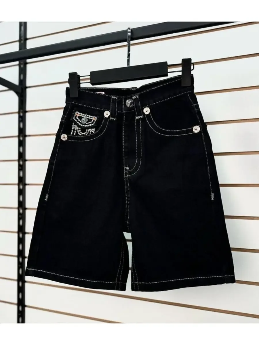 Calção jeans de perna larga americana masculina, calça curta solta, calça bordada cruzada, cintura alta, hip-hop retrô, Y2K, 2021