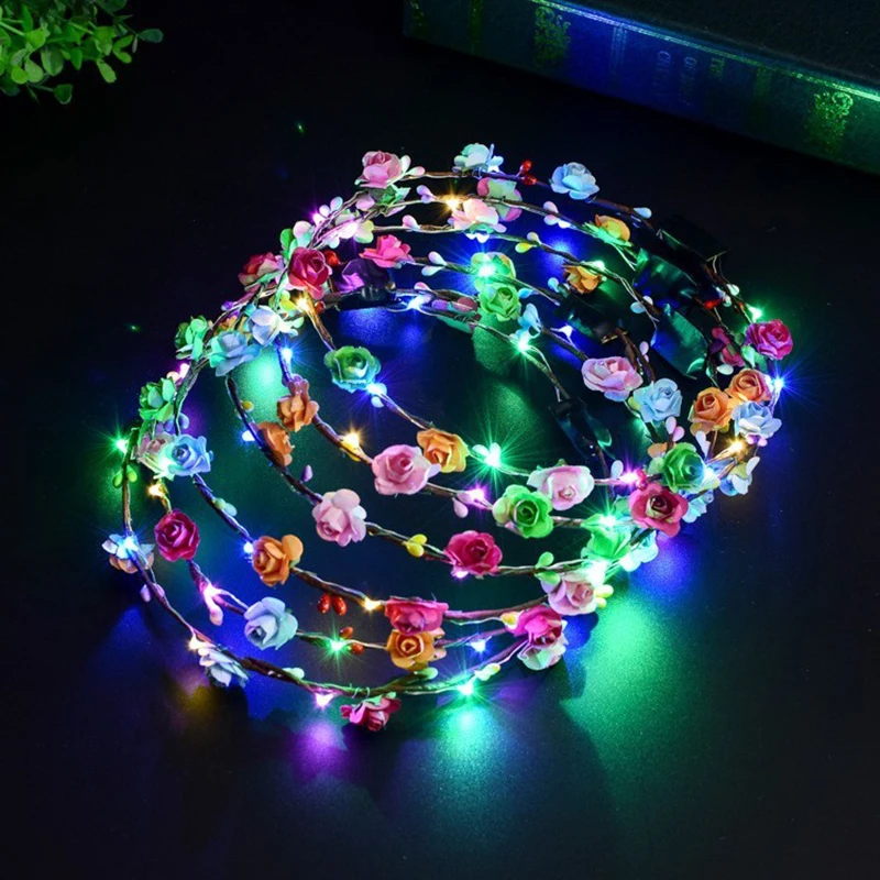 Corona de flores LED para el cabello, diadema luminosa, suministros para fiestas de cumpleaños y bodas, 15/30 piezas