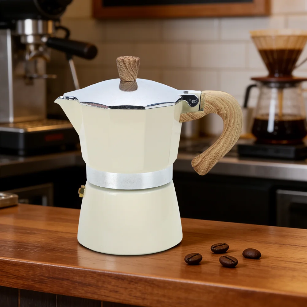 Heat Resistant Wood Handle Matte White Octagonal Wholesale Mocha Pot Espresso Classic Italian Design Aluminum Mocha Pot