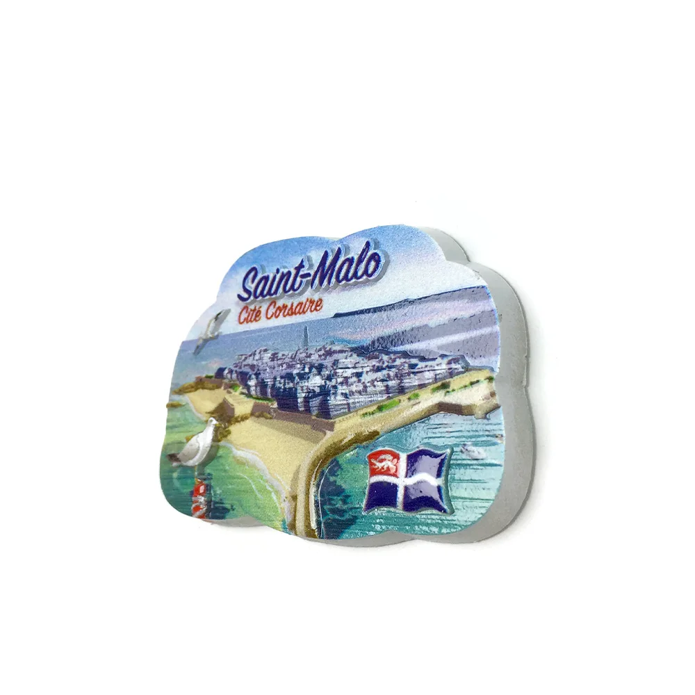 مغناطيس ثلاجة من الراتنج ثلاثي الأبعاد - سانت مالو، فرنسا (مدينة القراصنة) مع طيور النورس ثلاثية الأبعاد، المنارة، العلم، والمواطن #3