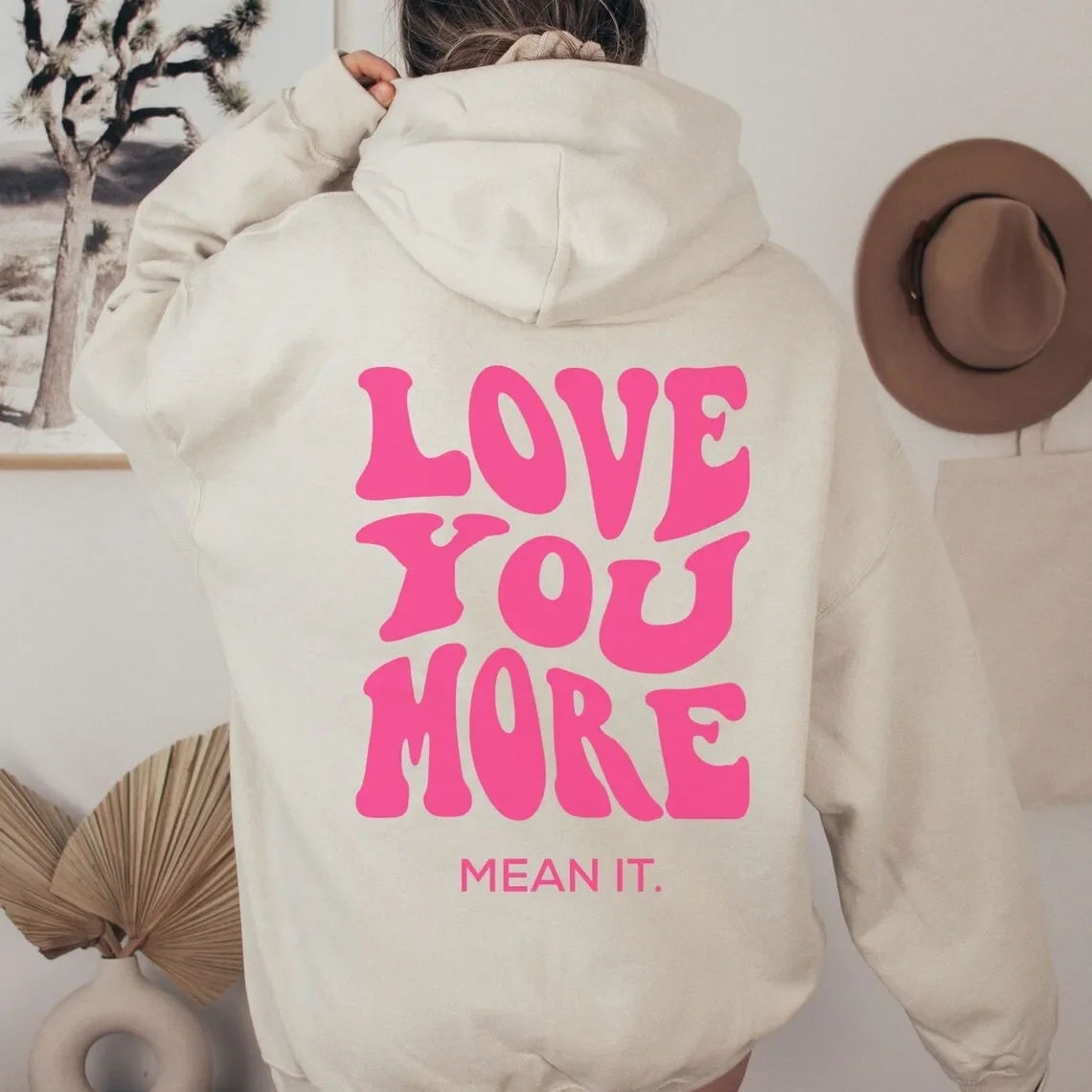 LOVE  YOY NORE Women\'s Plush Hoodies Lettering Slogan Print Kangaroo Pocket Drawstring Loose Hoodies