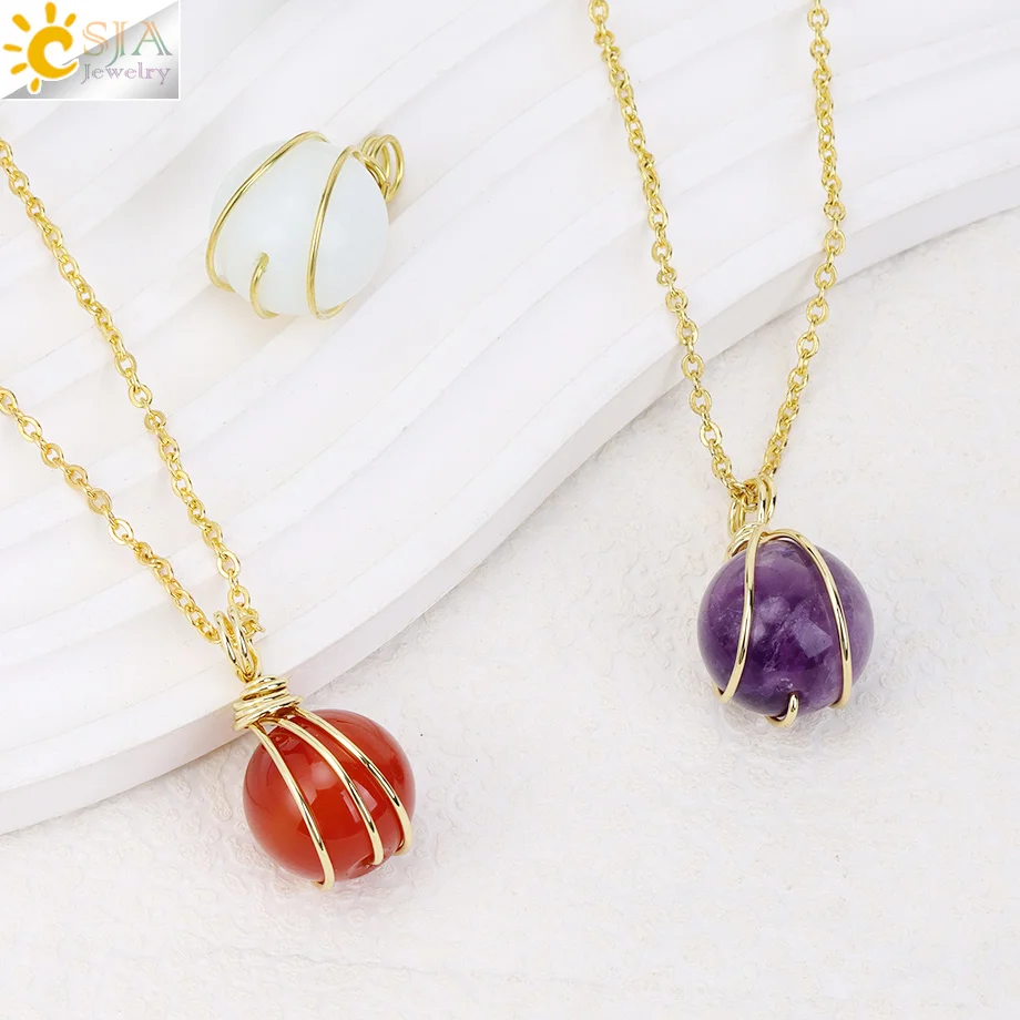CSJA Wire Wrapped Crystal Necklace Reiki Energy Natural Stone Pendant Round Shaped Amethyst  Rose Quartz for Women Jewelry H770