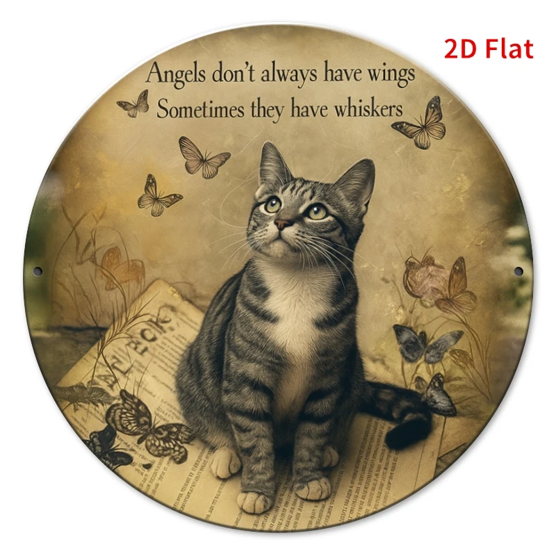 [2D Flat] 1 Stück Angel Cat Metall-Wandkunstschild – 7,87 x 7,87 Zoll (20 x 20 cm), robuster 2D-Flachdruck aus Eisen mit Tabby-Katze und Schmetterlingen,