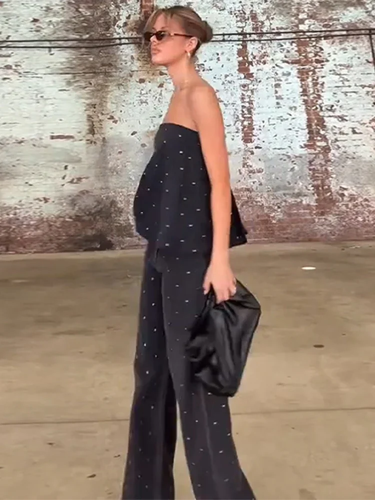 CPSYMYM Mode Diamant Tube Top Broek Sets Vrouwen Sexy Strapless Mouwloos Backless Vest Wijde Pijpen Broek Zomer Dame Outfit