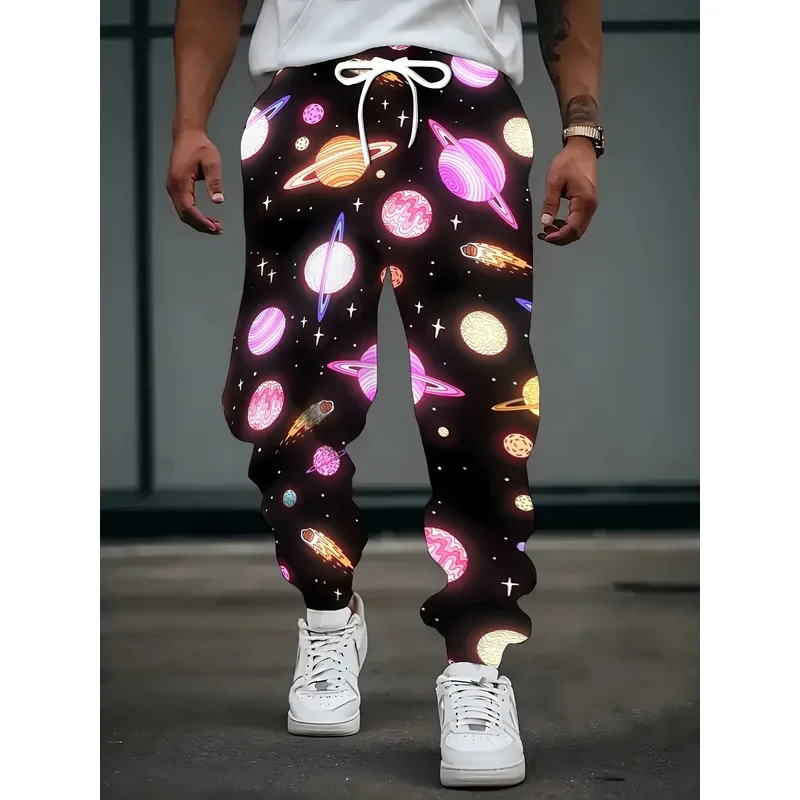 2026 Men 3D Space Planet Print Sweatpants Drawstring Pocket Casual Sports Trousers Comfortable Home Pajama Pants Fashion