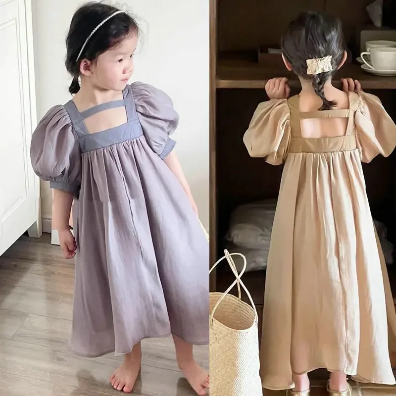 Summer Girls Dresses Sweet Bubble Sleeves Smooth Dress Princess Classic Dress Simple and Elegant Solid Color Dress For Children