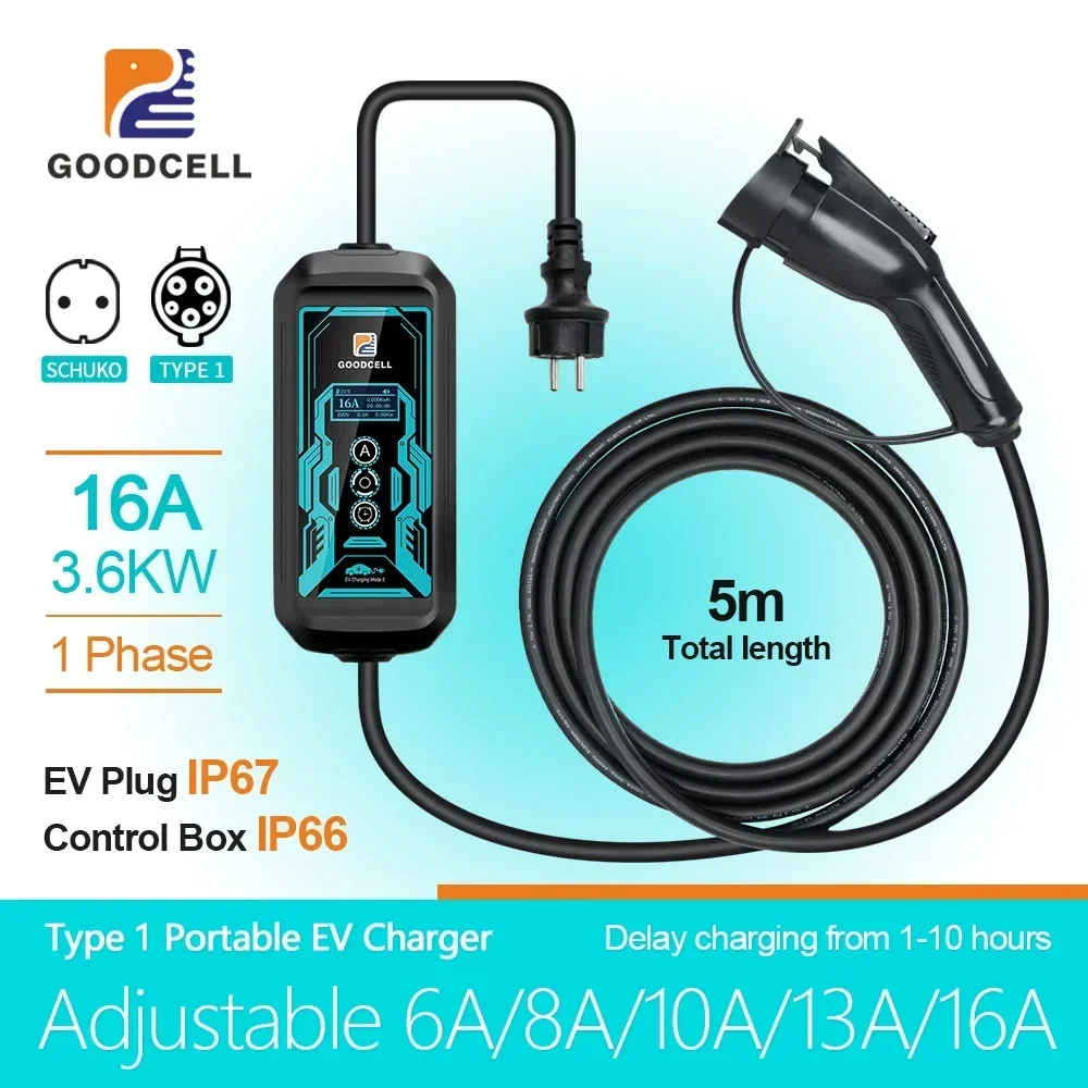 SAEJ1772 Portable EV Charger 16A 3.6KW Type 1 IEC 62196-2 Type 2 Wallbox Adjustable Current For Electric vehicle Car Charging