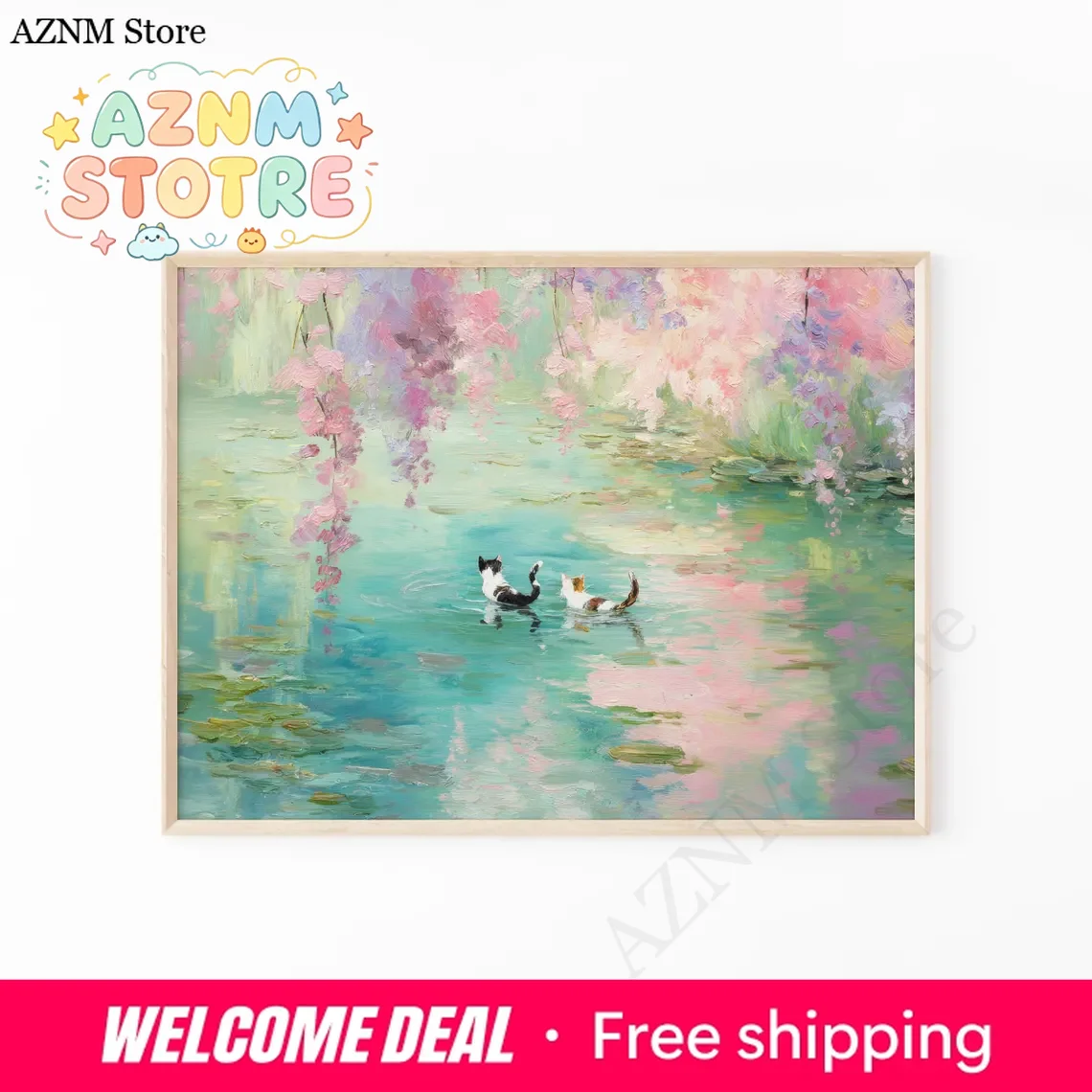 Whimsical Monet Style Cats Wall Print Decor - Dreamy Impressionist Painting of Two Cats Wading in a Water Lily Pond Inspire
