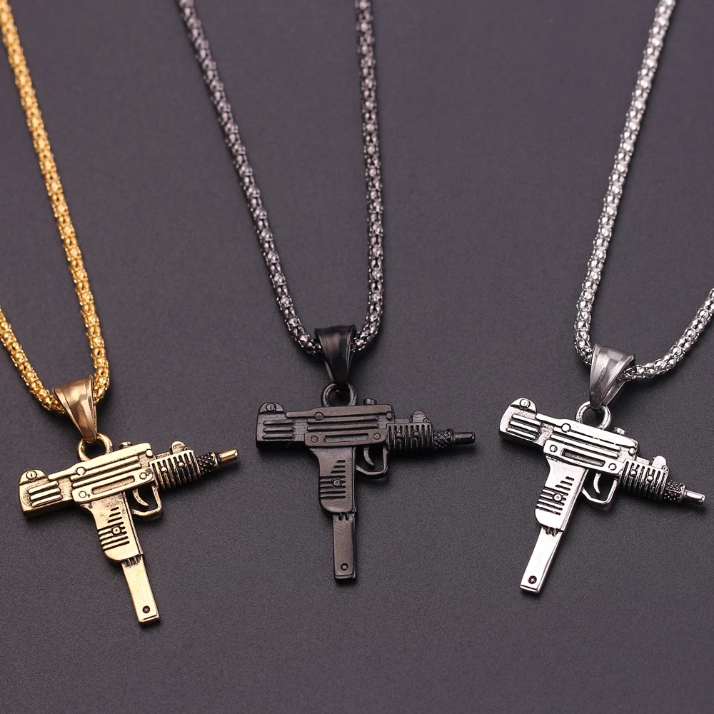 Personality Uzi Gun Shaped Pendant Necklace For Women Men Bar Party Accessory Gothic Male Punk Hip Hop Chain Jewelry