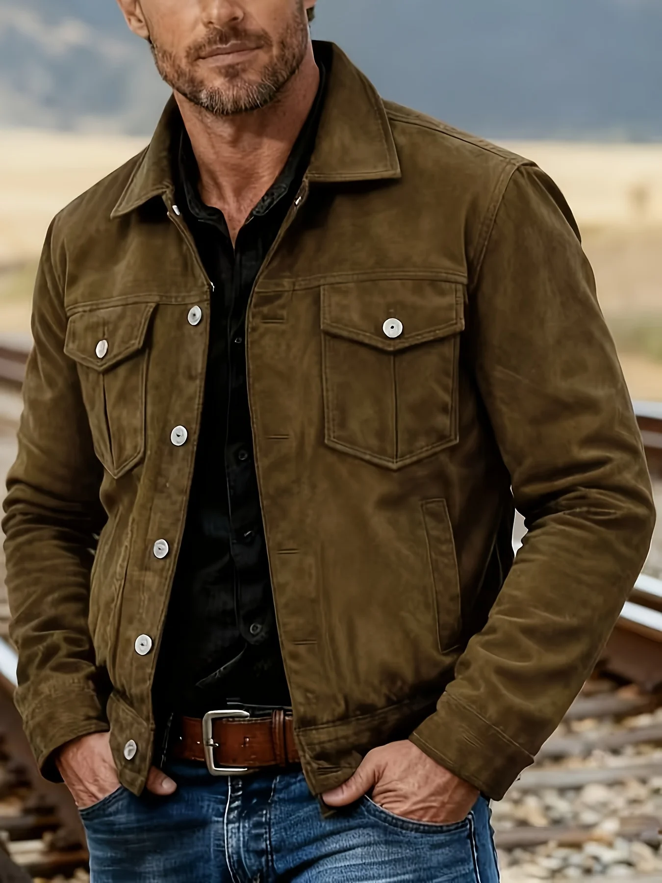 Men's Vintage Washed Trucker Jacket Lapel Collar Button Down Chest Flap Pockets Casual Retro Lightweight Outerwear Work Coat 2