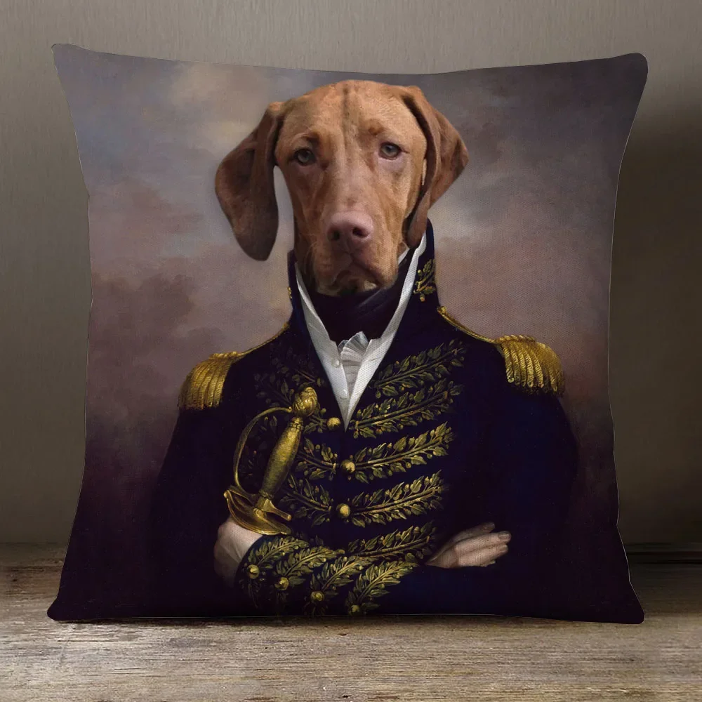 Dog Cat Animals Cosplay Poster Cushion Cover European Animals in Military Uniform Decorative Pillows for Sofa