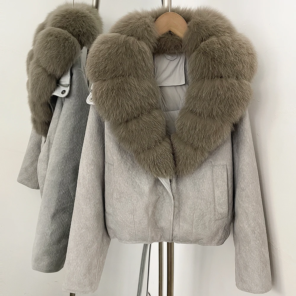 Women's Cropped Down Jacket Oversized Real Fur Coat Insulated Zipper Duck Down Outerwear Urban Style Cold Winter Daily Outfit