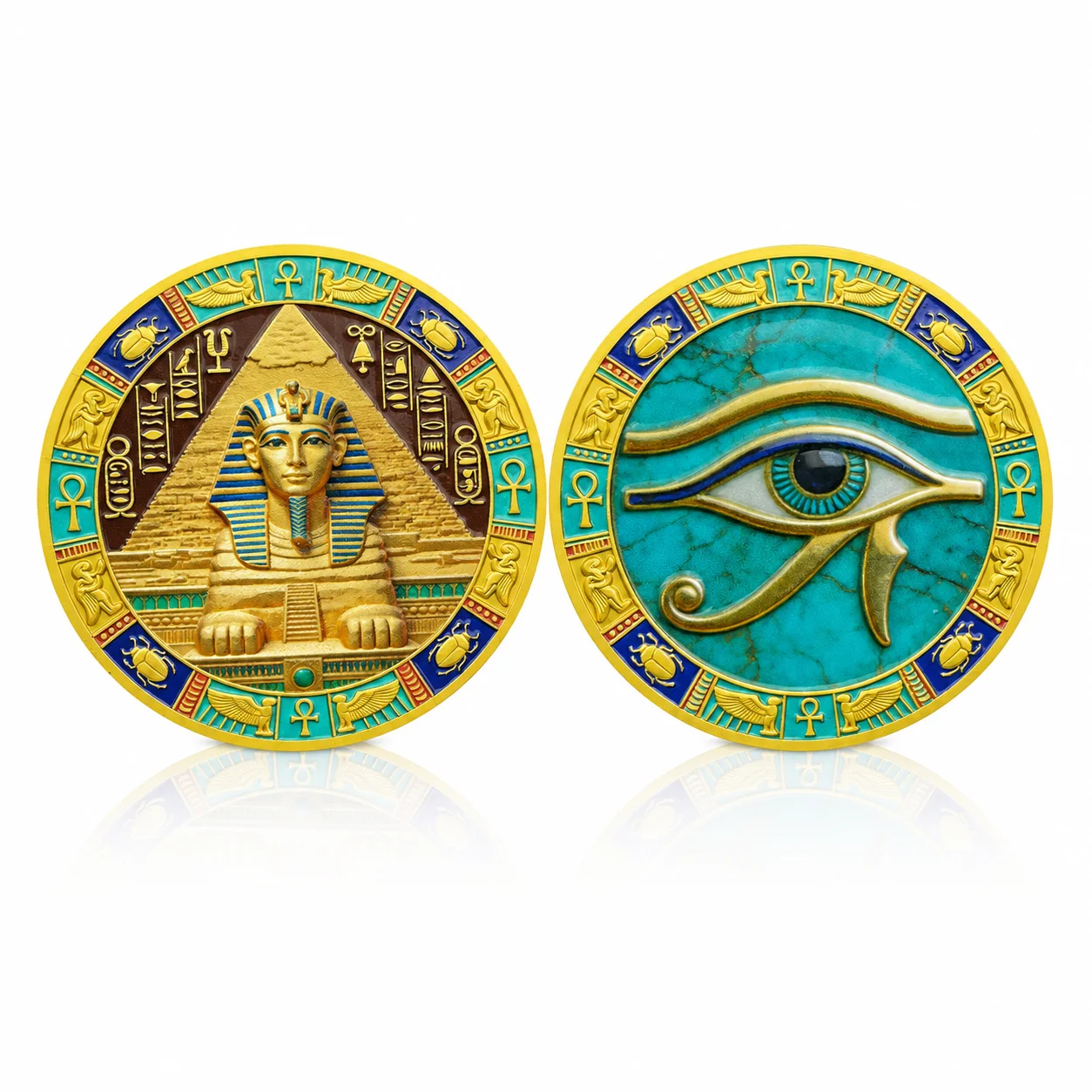 Ancient Egyptian Sphinx & Horus Eye Commemorative Gold Coin Collection with Hieroglyphics ‌Historical Symbol Coin
