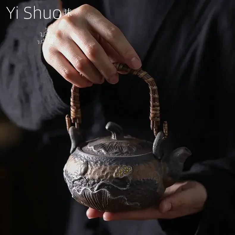 

Stoneware Charm of Lotus Loop-Handled Teapot Single Small Teapot Old Rock Clay Silver Kung Fu Tea Teaware Tea Infuser Tea Kettle