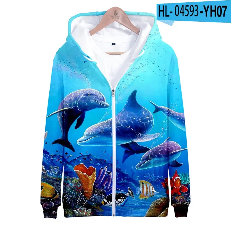 Moletom com capuz 3D com estampa Dolphin para homens e mulheres, moletom com zíper, moletom animal Hip Hop Streetwear com capuz, jaqueta esportiva casual masculina