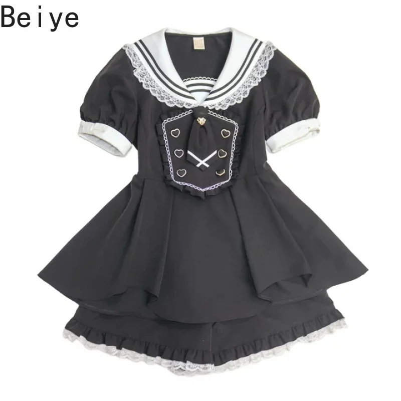 Jirai Kei Lolita 2‑Piece Dress Shorts Set Women Sailor Collar Puff Sleeve Short Suits Lady Lace Heart Buttons Kawaii Outfit