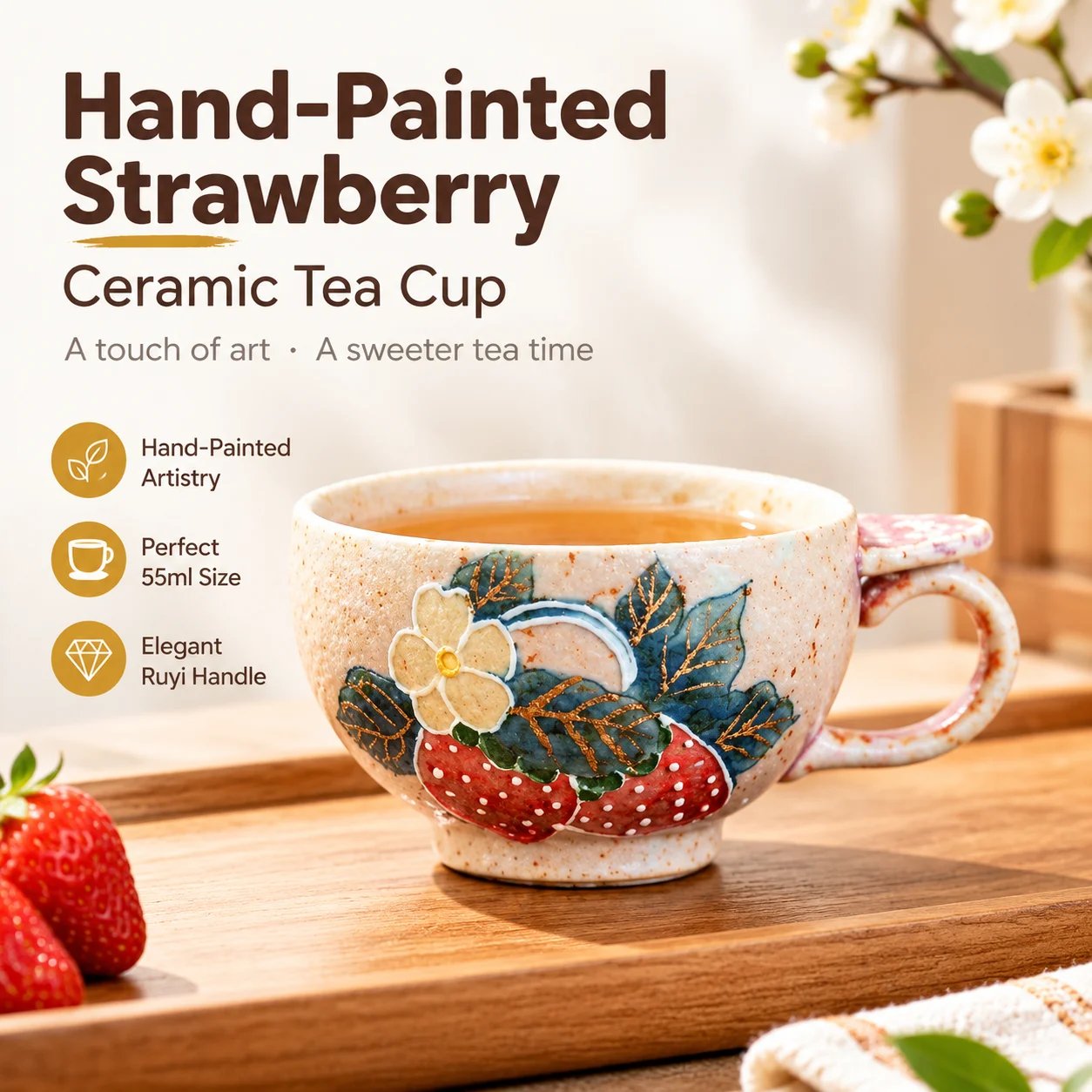 Hand-Painted Strawberry Ceramic Tea Cup 55ml Flint Red Plum Pink Gilded Ruyi Handle Coffee Mug