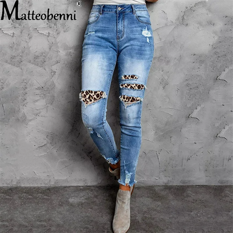 

Jeans Woman High Waisted Skinny Stretchy Pant Streetwear Ladies Leopard Print Patchwork Hole Washed Denim Pencil Pants Trousers