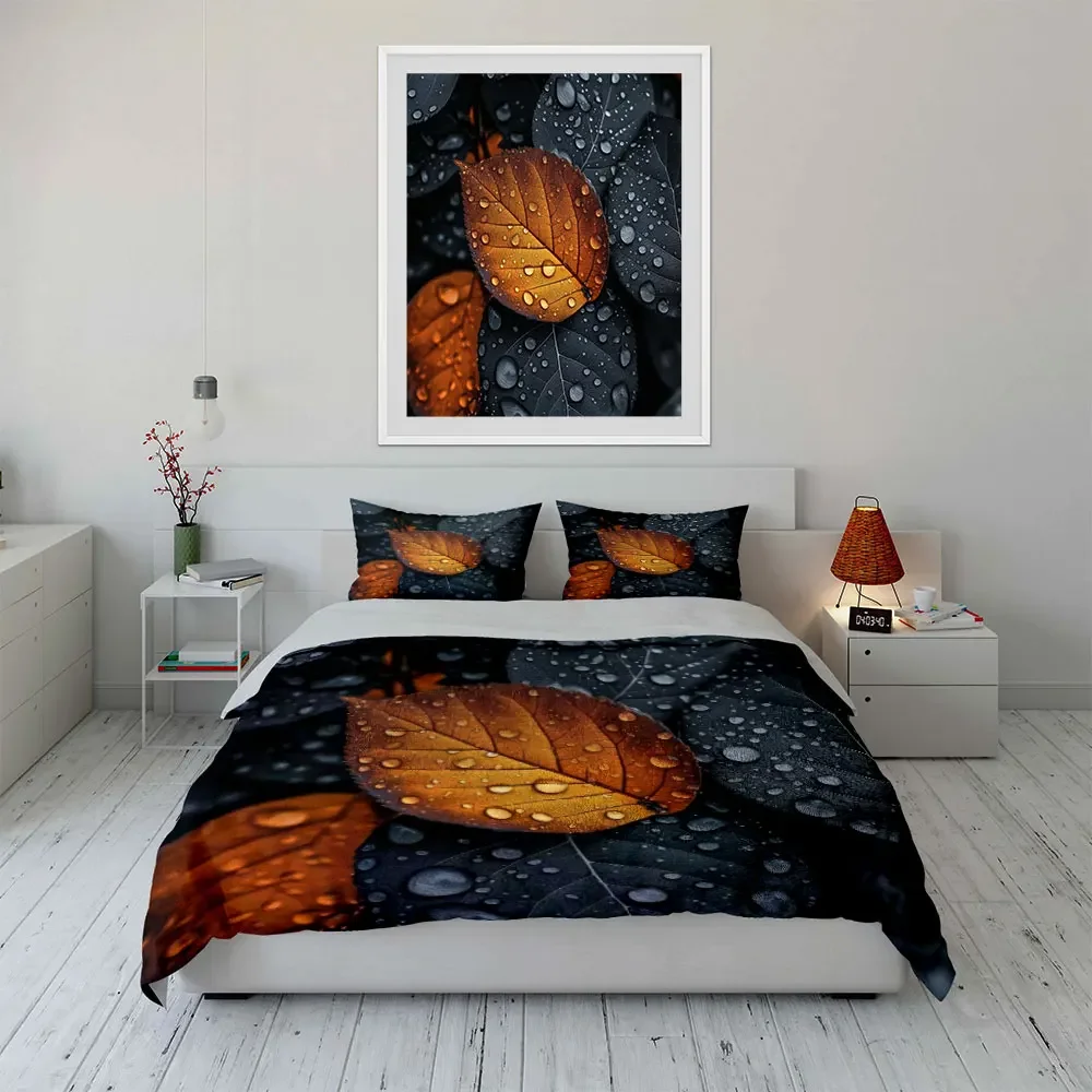 Dewy Leaf Nature Decor Bedding Set with 1 Duvet Cover 2 Pillowcases Single Double King Queen, Gift