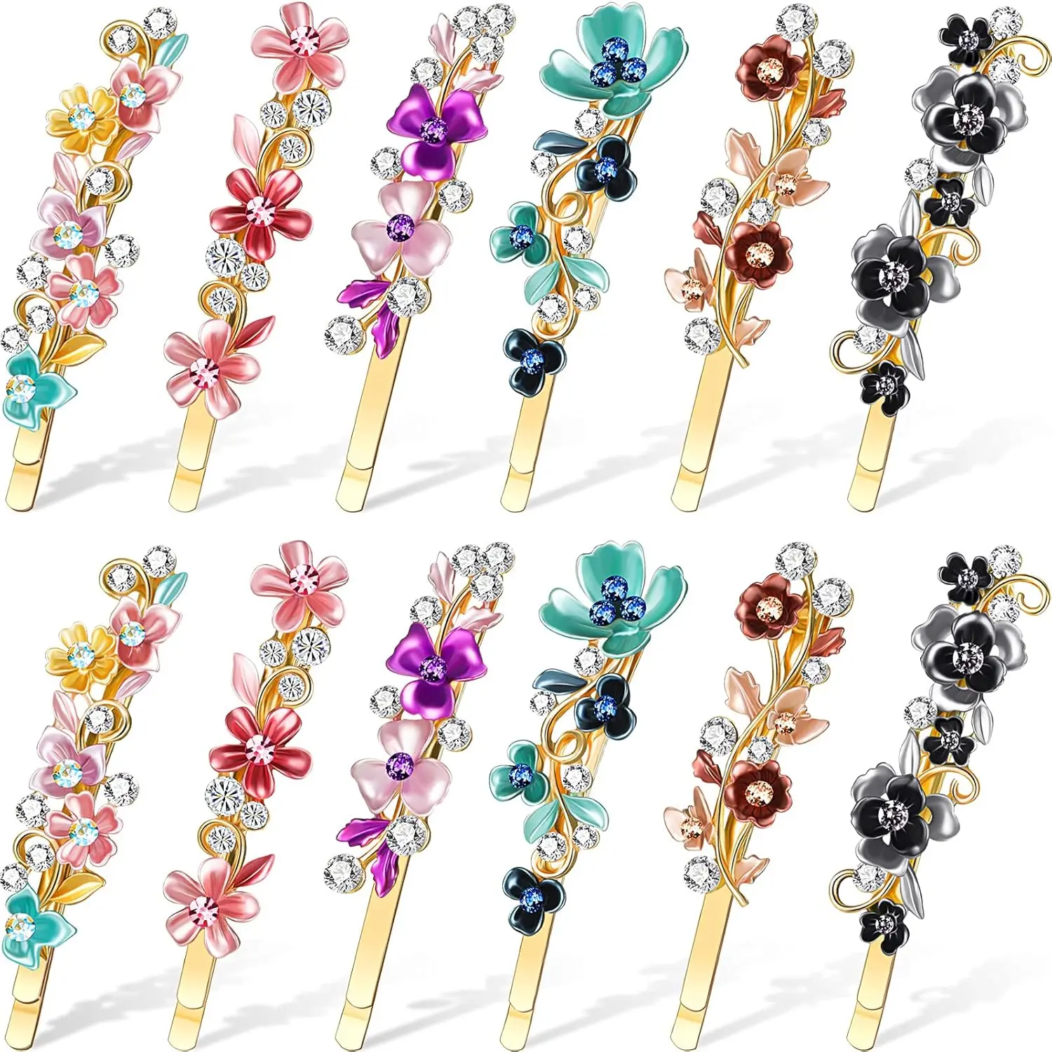 12 Pcs Vintage Flower Hair Pins Women Barrette Bobby Pins Decorative Metal Gold Tone Hairpins Colorful Floral Design Hair Clips