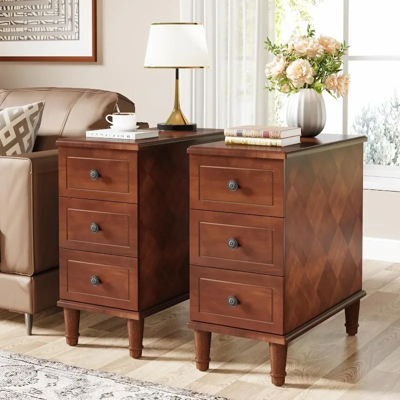 Tribesigns Solid Wood End Table Set of 2, Fully Assembled Narrow Side Table with Drawers, Pre-Assembled Nightstand Slim Bedside