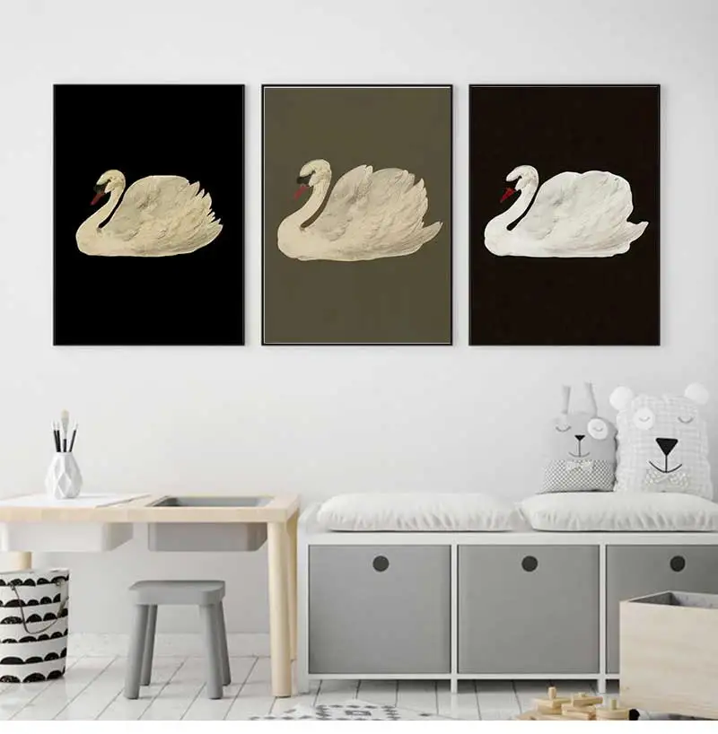 Black White Antique Swan Poster Print Canvas Painting Minimalist Vintage Wall Art Pictures for Living Room Home Decor